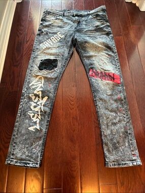 ENCRYPTED GRAPHIC SKINNY Artisan Paint-Splatter Distressed Men’s Jeans - 36/32